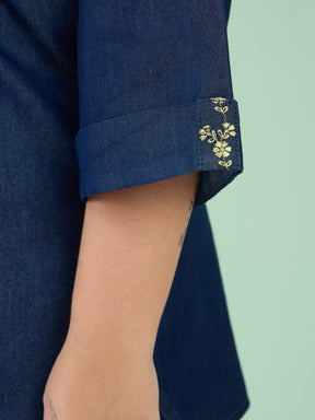 Women Navy Tencel Placket Embroidered Short Kurta With Pants