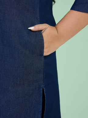 Women Navy Tencel Placket Embroidered Short Kurta With Pants