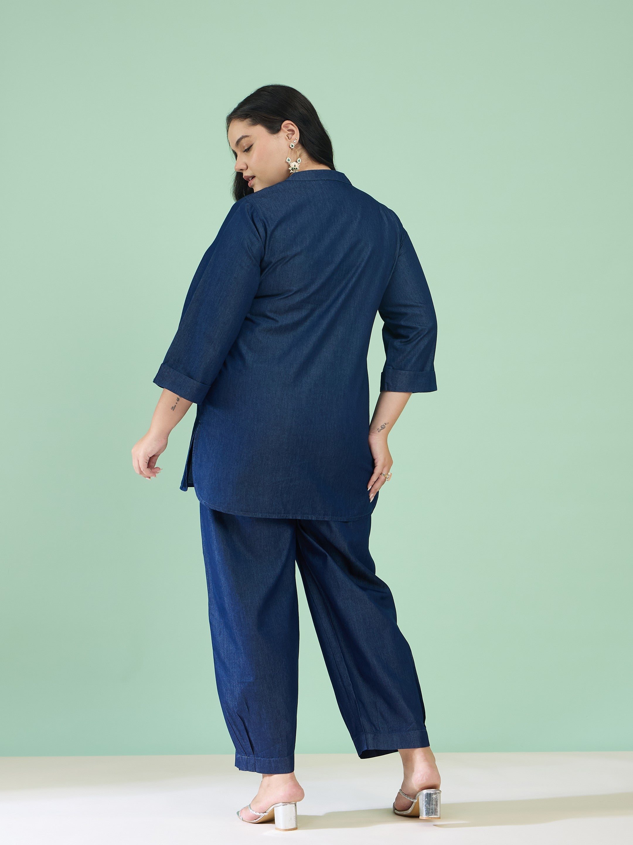 Women Navy Tencel Placket Embroidered Short Kurta With Pants