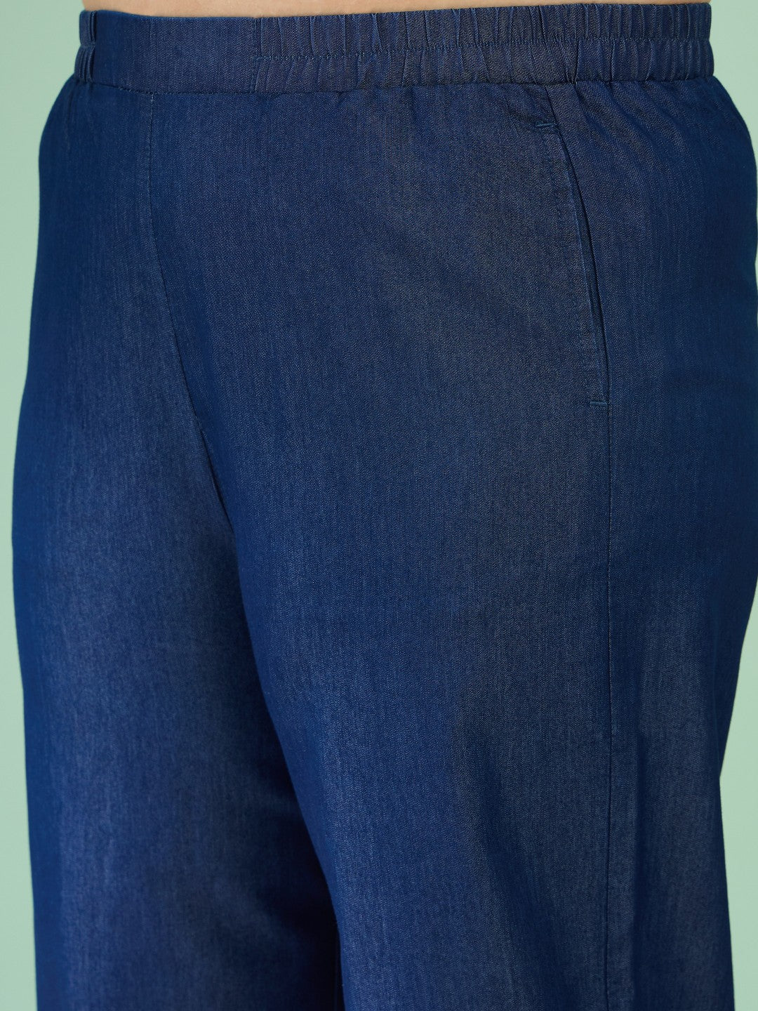 Women Navy Tencel Placket Embroidered Short Kurta With Pants
