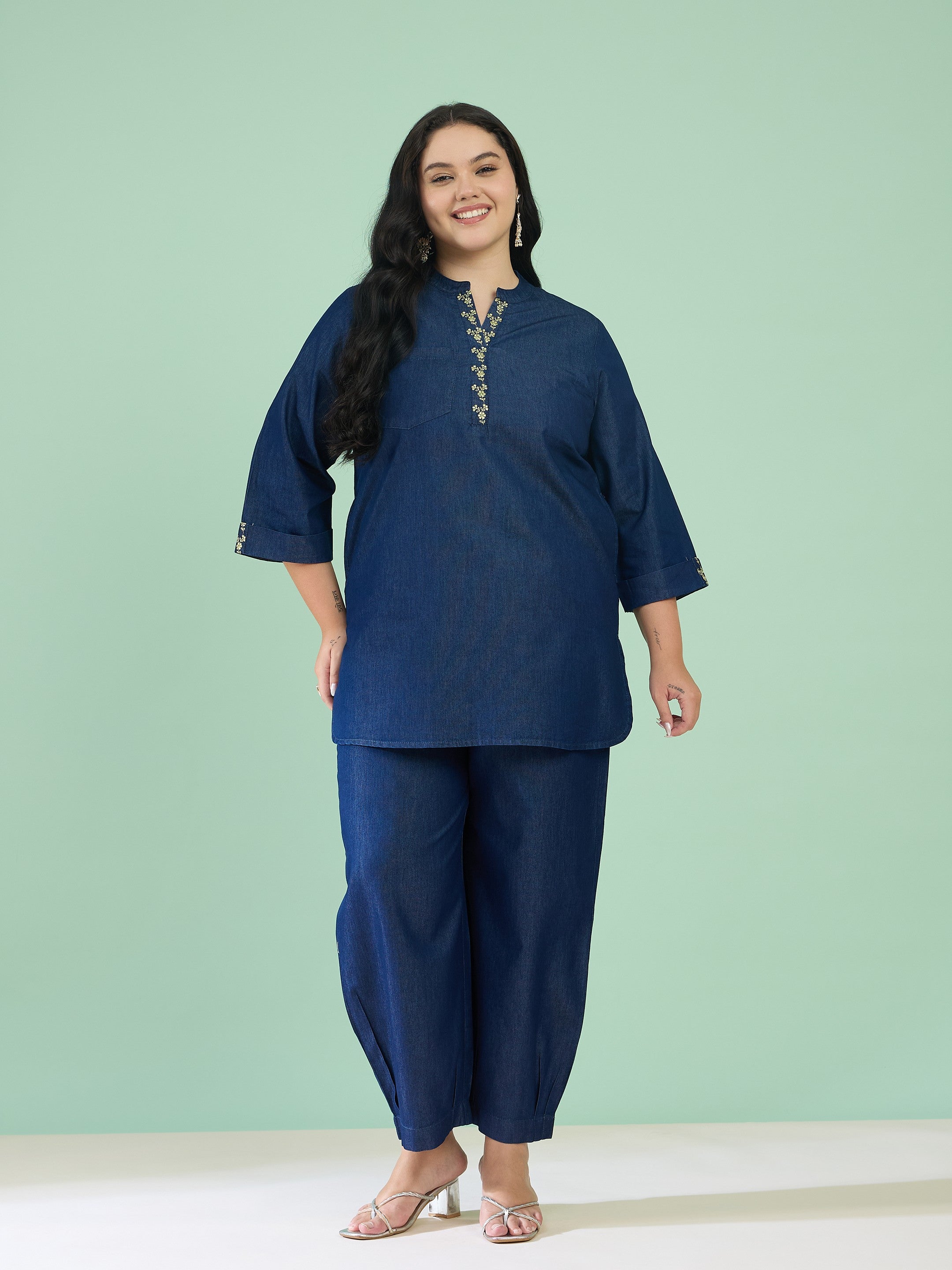 Women Navy Tencel Placket Embroidered Short Kurta With Pants