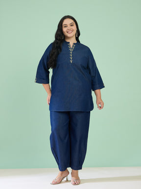 Women Navy Tencel Placket Embroidered Short Kurta With Pants