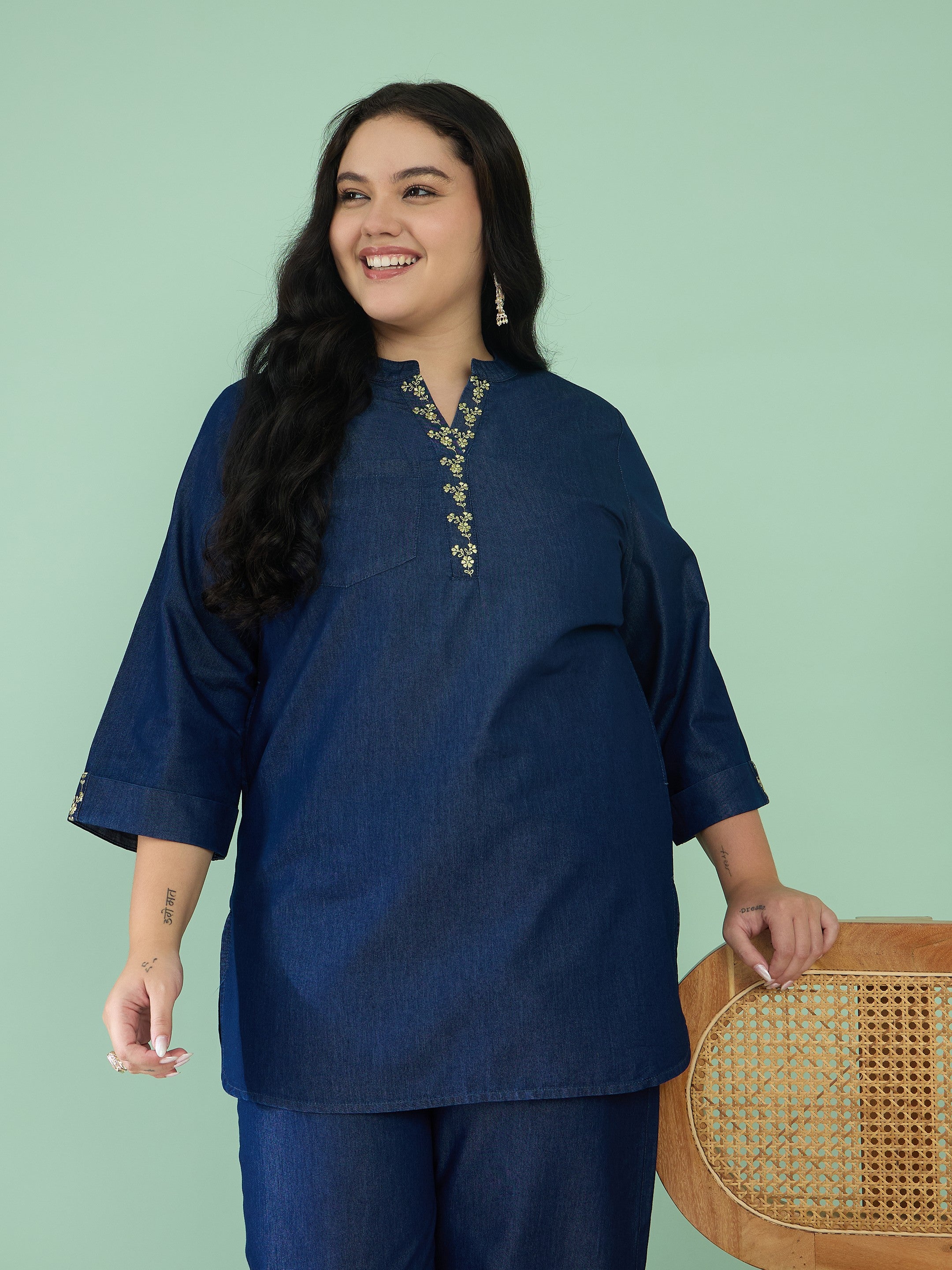 Women Navy Tencel Placket Embroidered Short Kurta With Pants