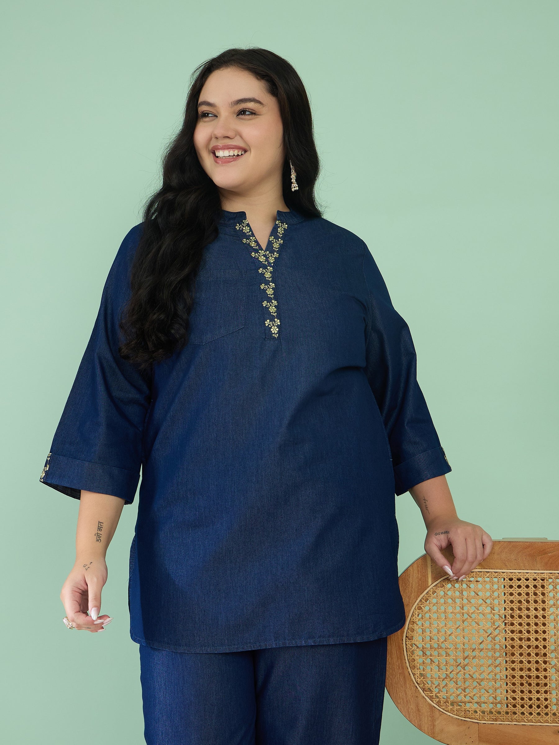 Women Navy Tencel Placket Embroidered Short Kurta With Pants