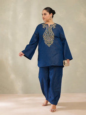 Navy Tencel Neck Embroidered Short Kurta With Pants -Shae by SASSAFRAS