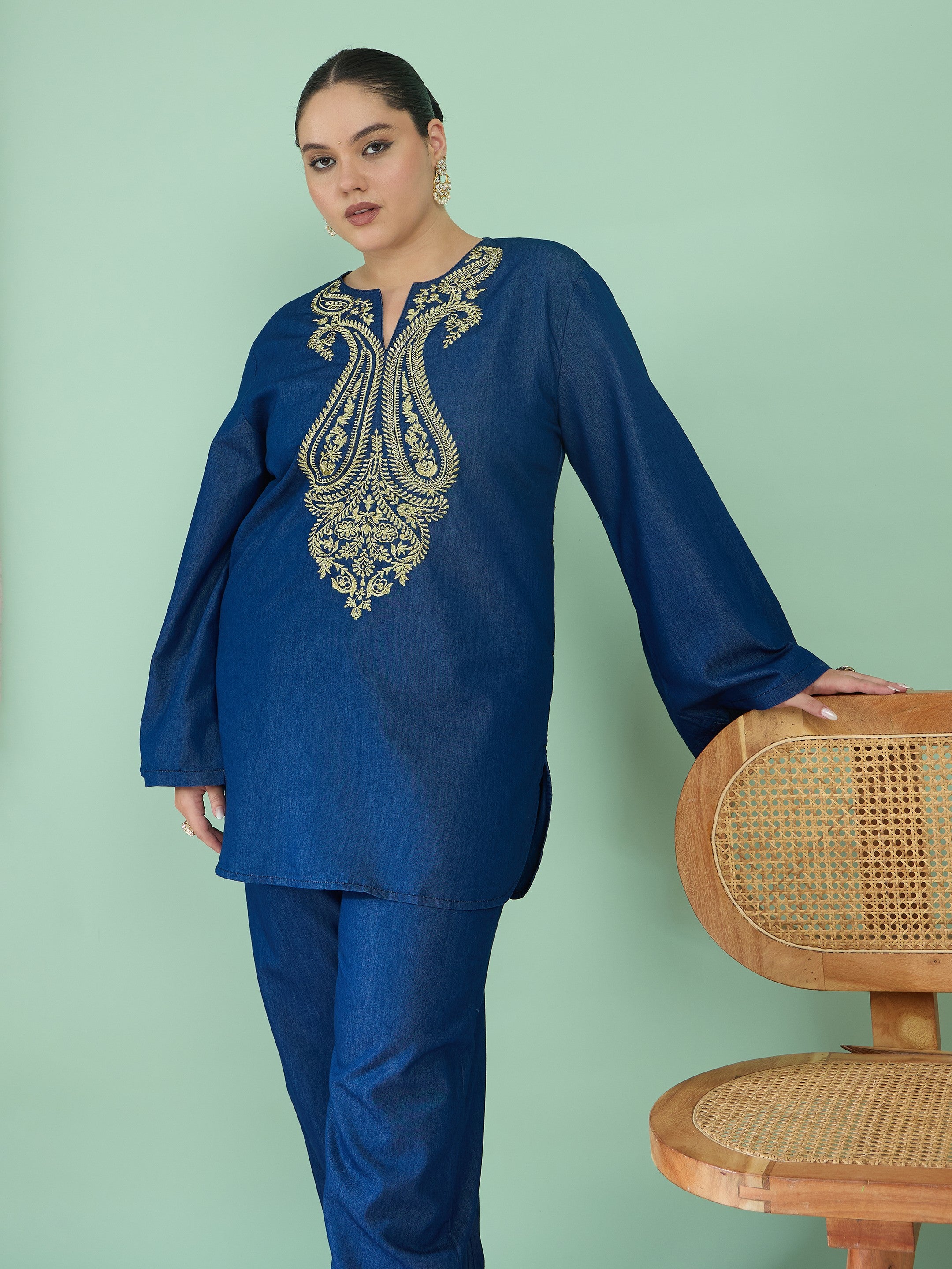 Navy Tencel Neck Embroidered Short Kurta With Pants -Shae by SASSAFRAS