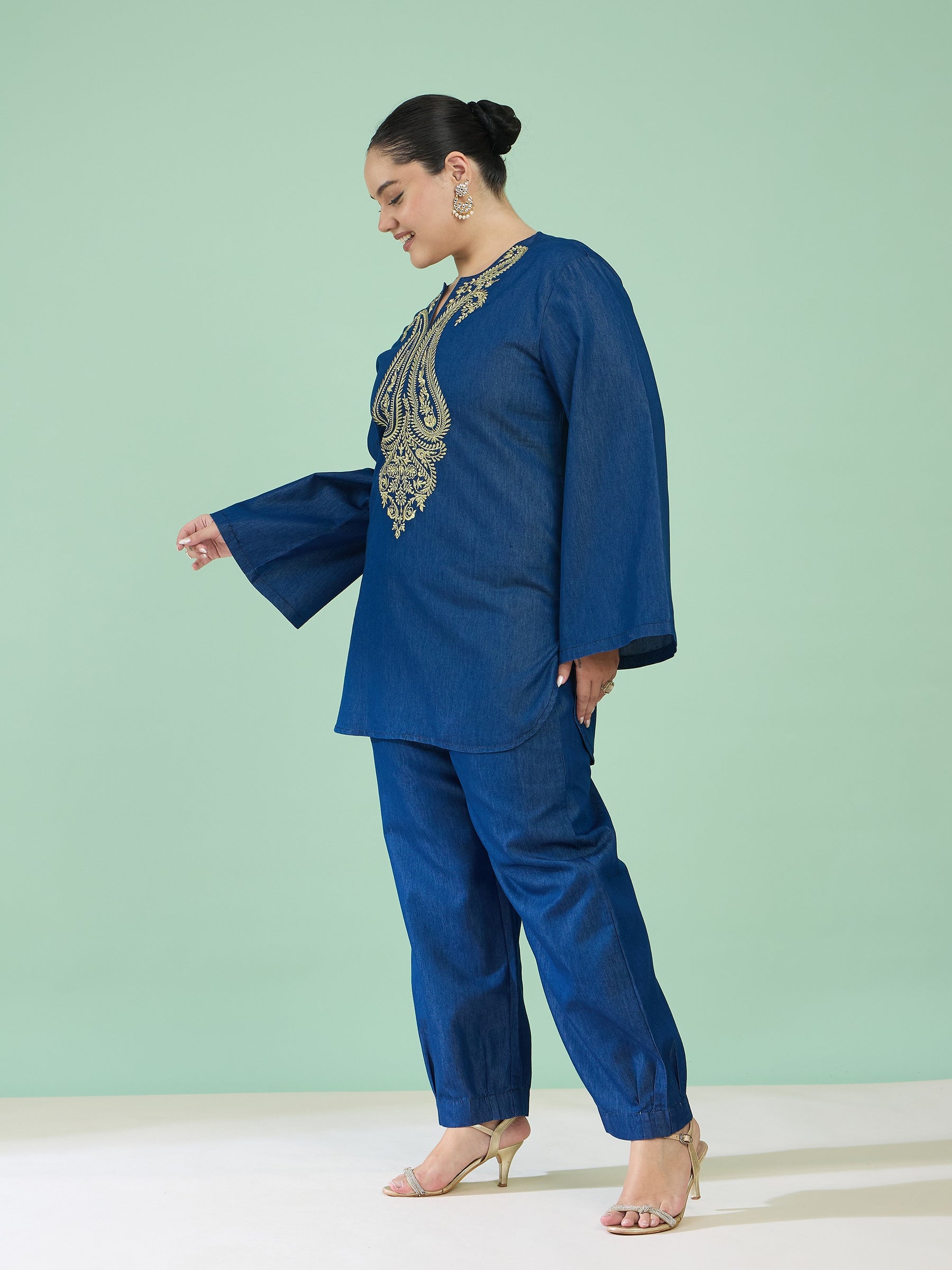 Navy Tencel Neck Embroidered Short Kurta With Pants -Shae by SASSAFRAS