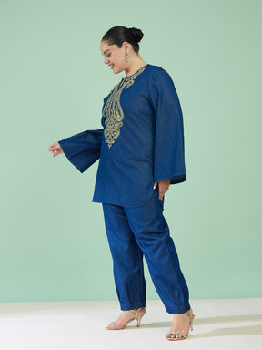 Navy Tencel Neck Embroidered Short Kurta With Pants -Shae by SASSAFRAS