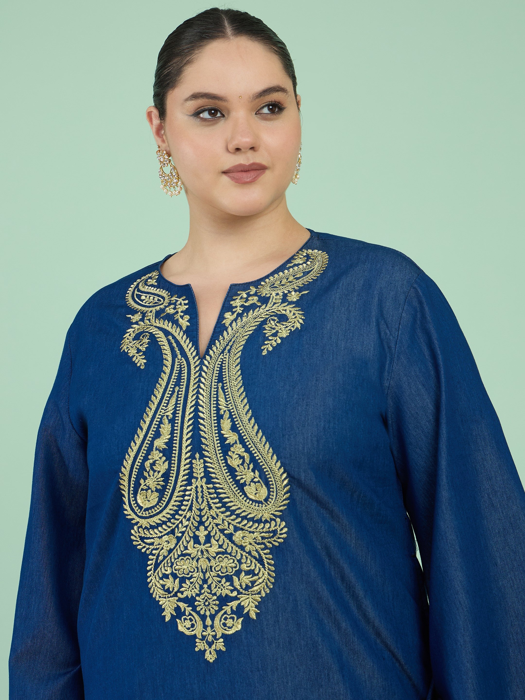 Women Navy Tencel Neck Embroidered Short Kurta With Pants