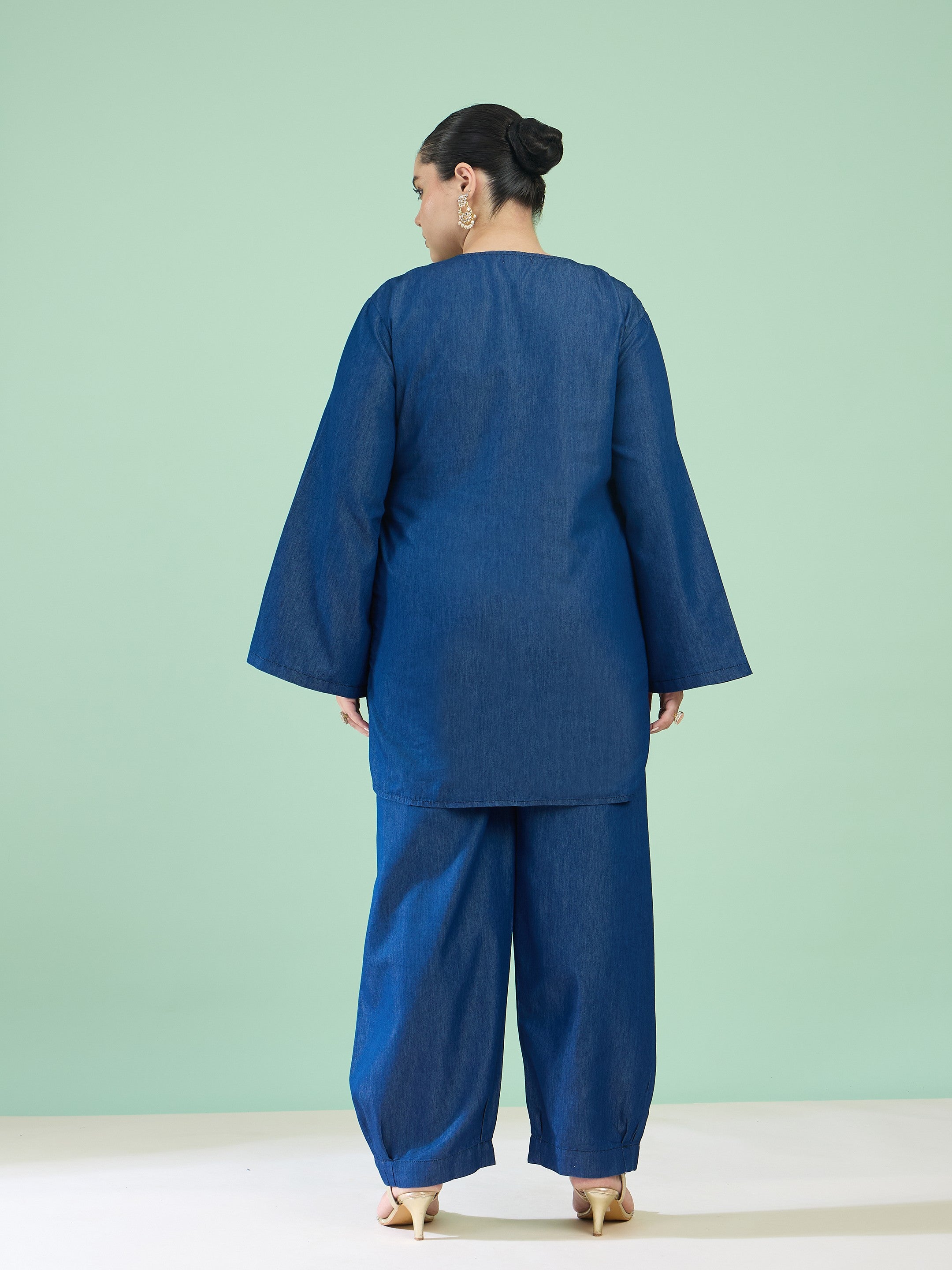 Women Navy Tencel Neck Embroidered Short Kurta With Pants