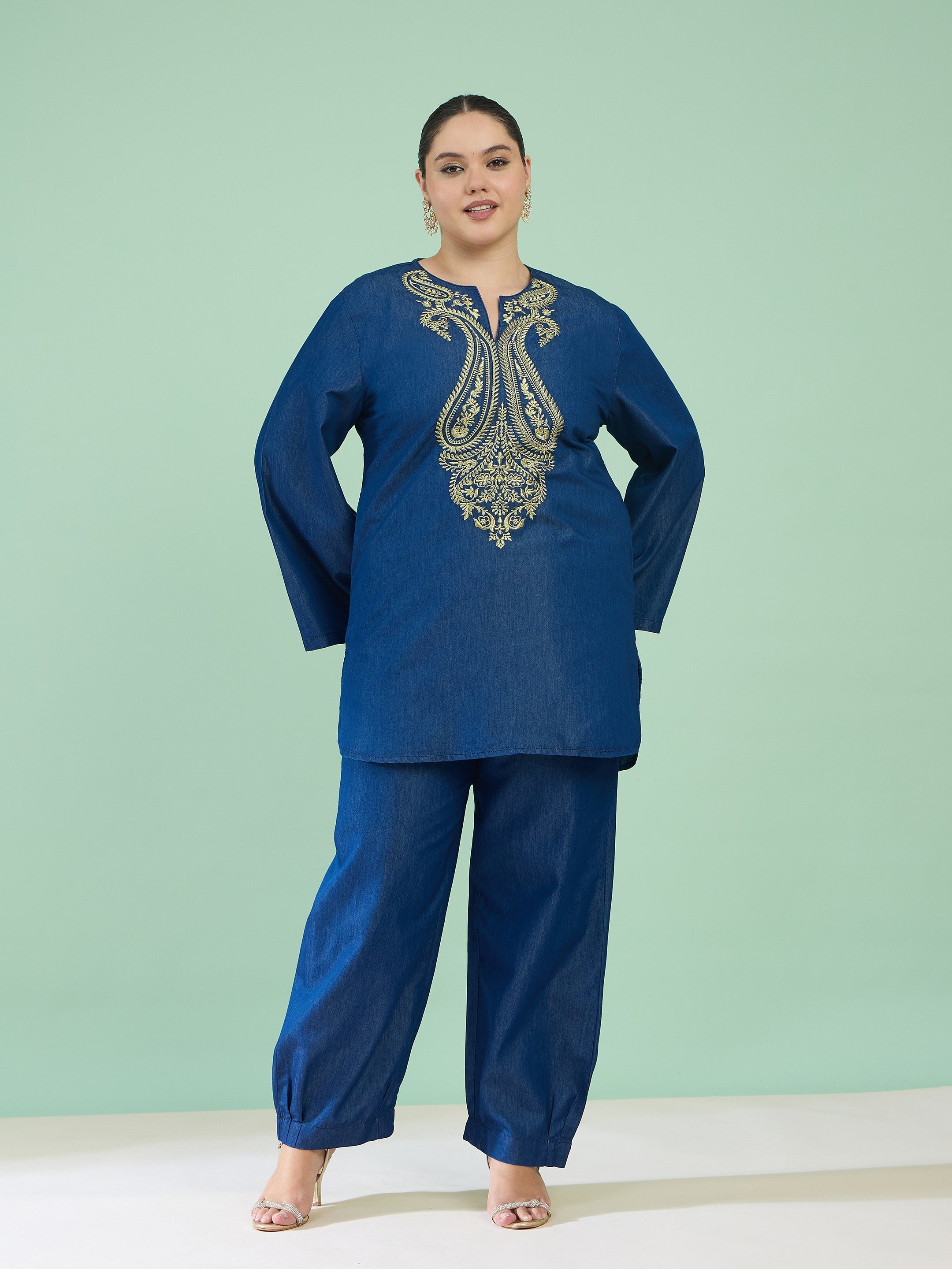 Women Navy Tencel Neck Embroidered Short Kurta With Pants