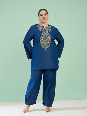 Women Navy Tencel Neck Embroidered Short Kurta With Pants