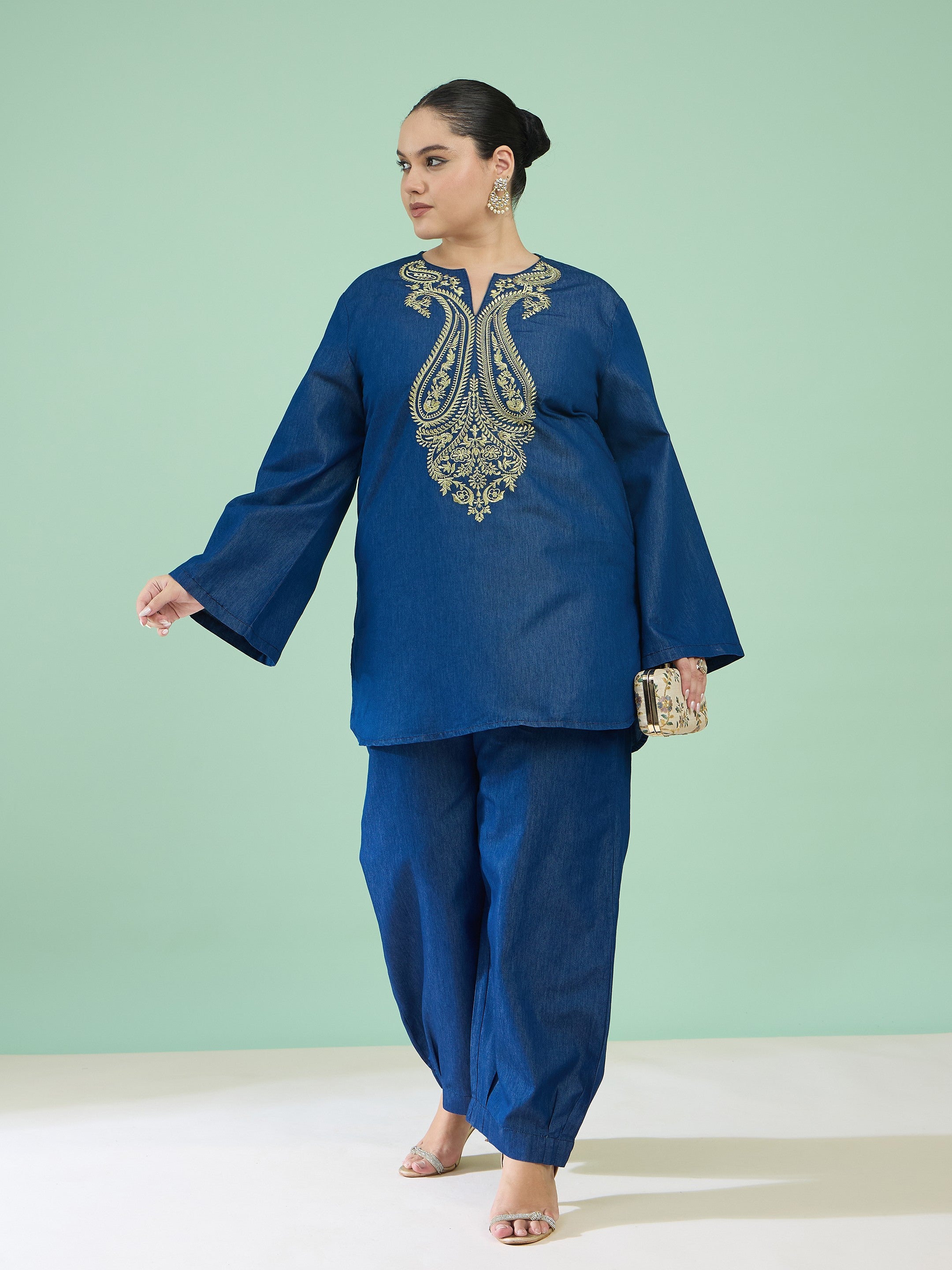 Women Navy Tencel Neck Embroidered Short Kurta With Pants