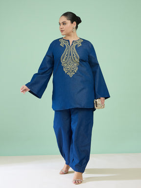Women Navy Tencel Neck Embroidered Short Kurta With Pants