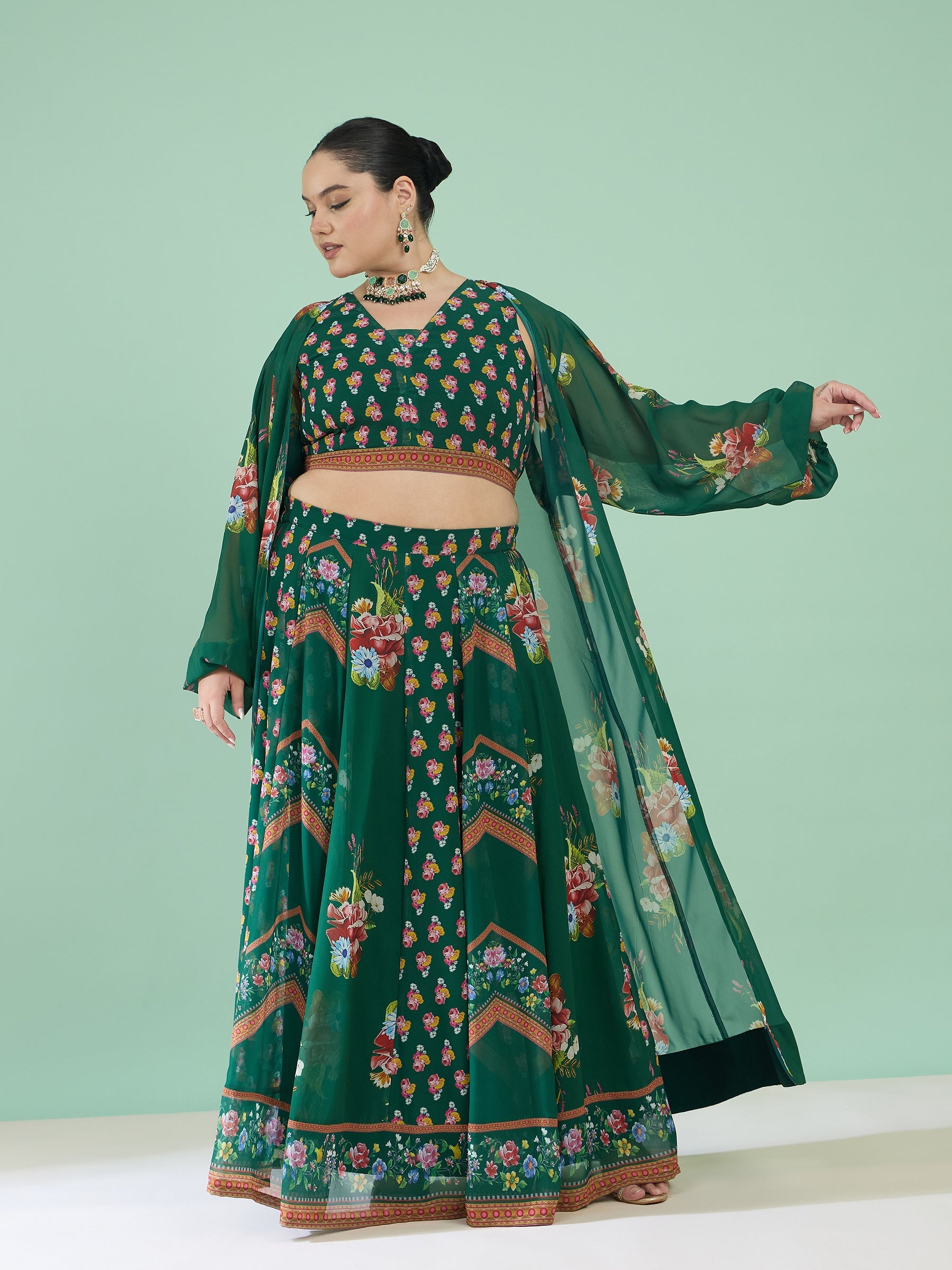 Women Green Floral Crop Top With Anarkali Skirt & Shrug