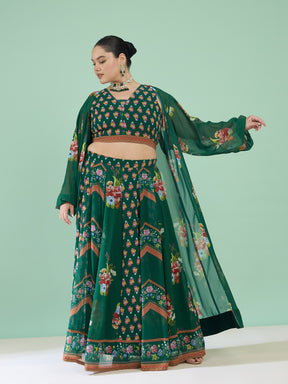 Women Green Floral Crop Top With Anarkali Skirt & Shrug