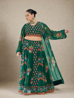 Green Floral Crop Top With Anarkali Skirt & Shrug -Shae by SASSAFRAS