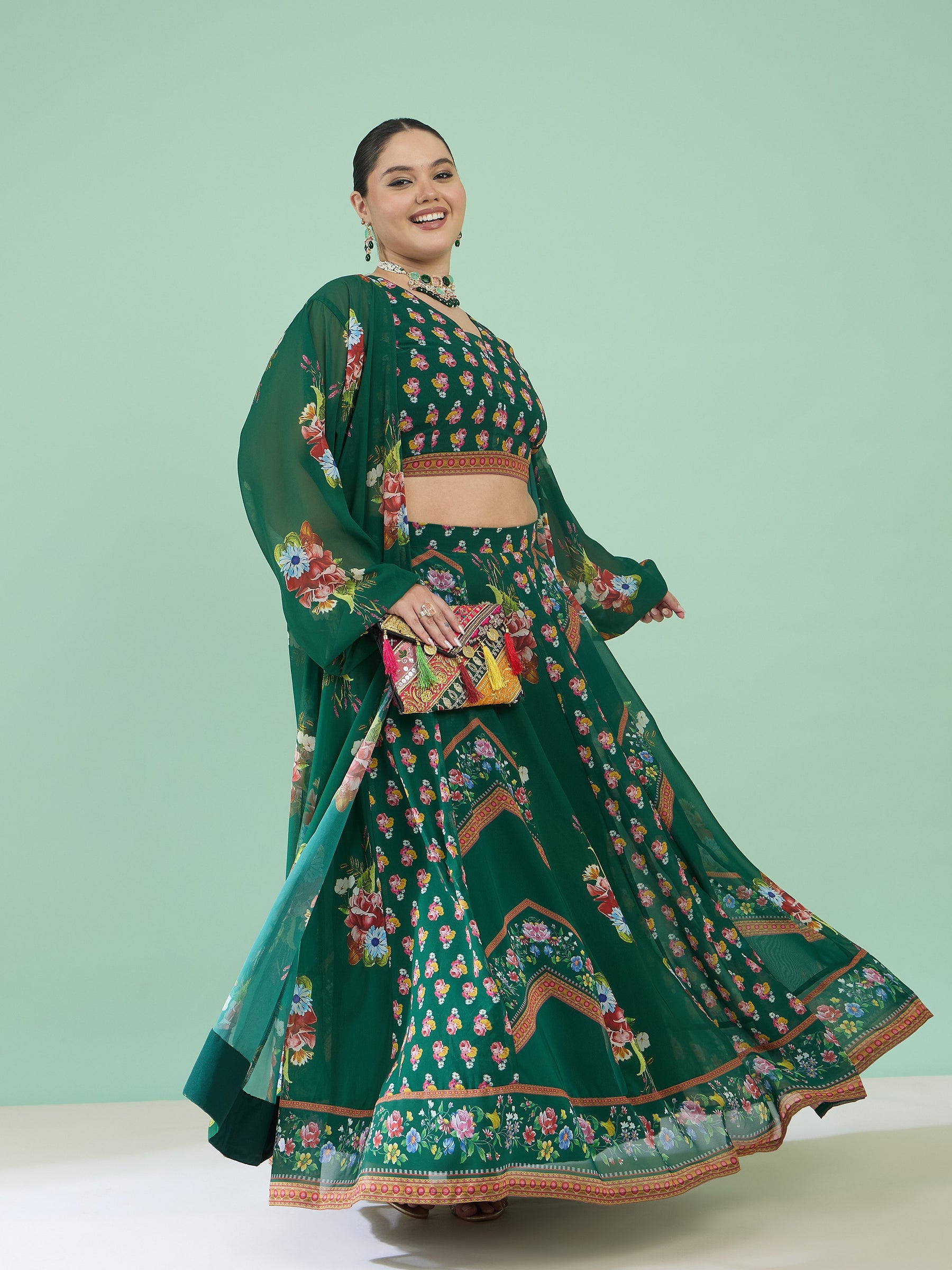 Green Floral Crop Top With Anarkali Skirt & Shrug -Shae by SASSAFRAS
