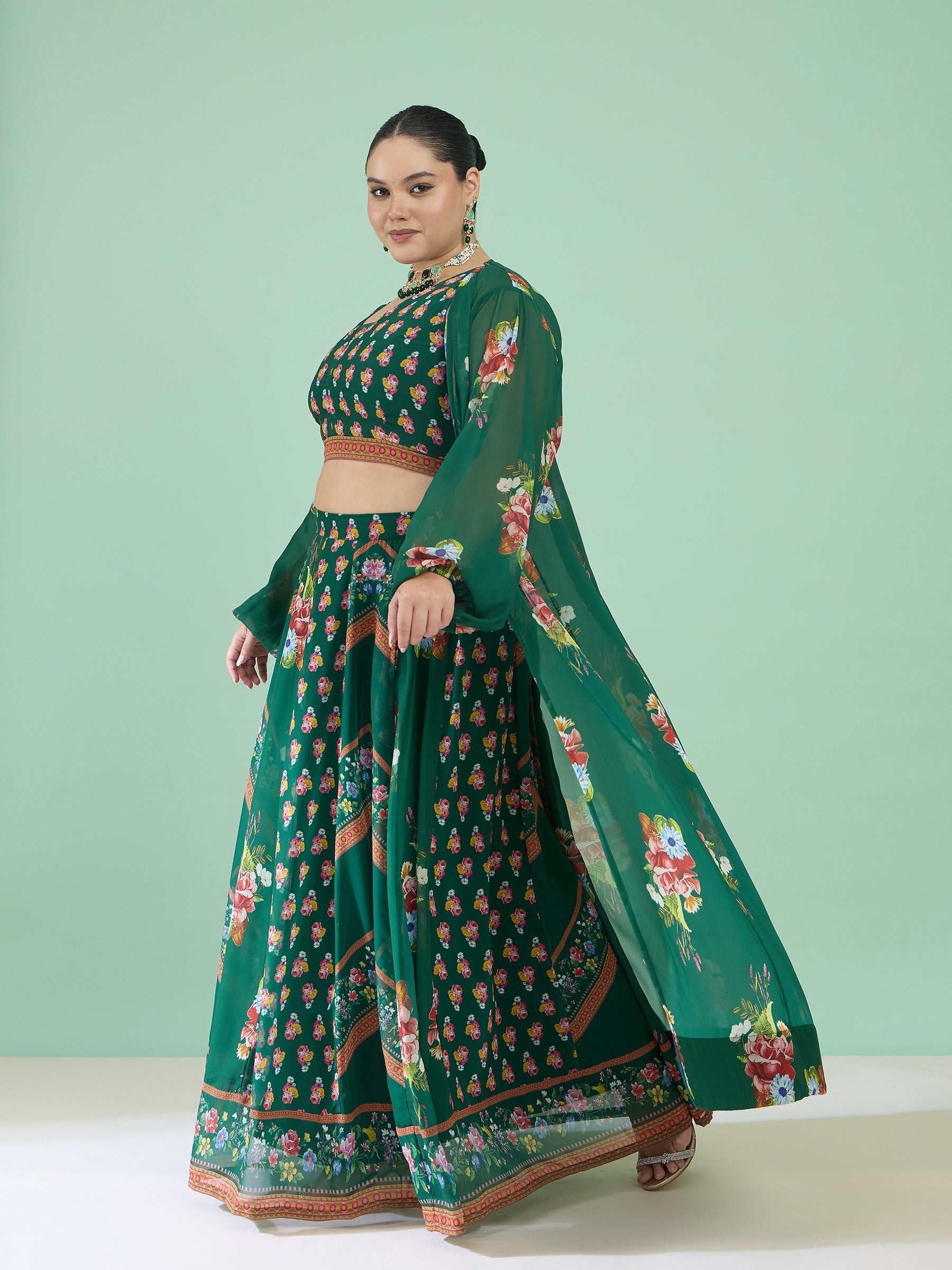 Green Floral Crop Top With Anarkali Skirt & Shrug -Shae by SASSAFRAS
