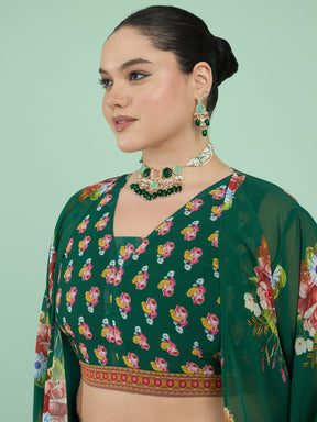 Green Floral Crop Top With Anarkali Skirt & Shrug -Shae by SASSAFRAS