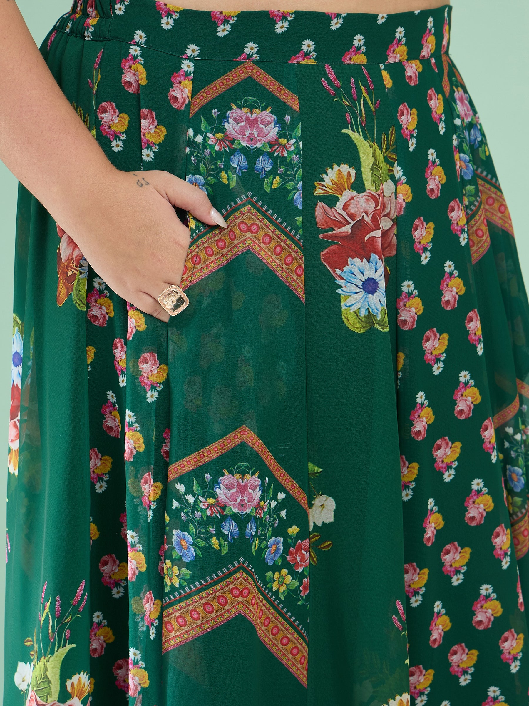 Women Green Floral Crop Top With Anarkali Skirt & Shrug