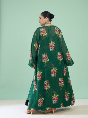 Women Green Floral Crop Top With Anarkali Skirt & Shrug