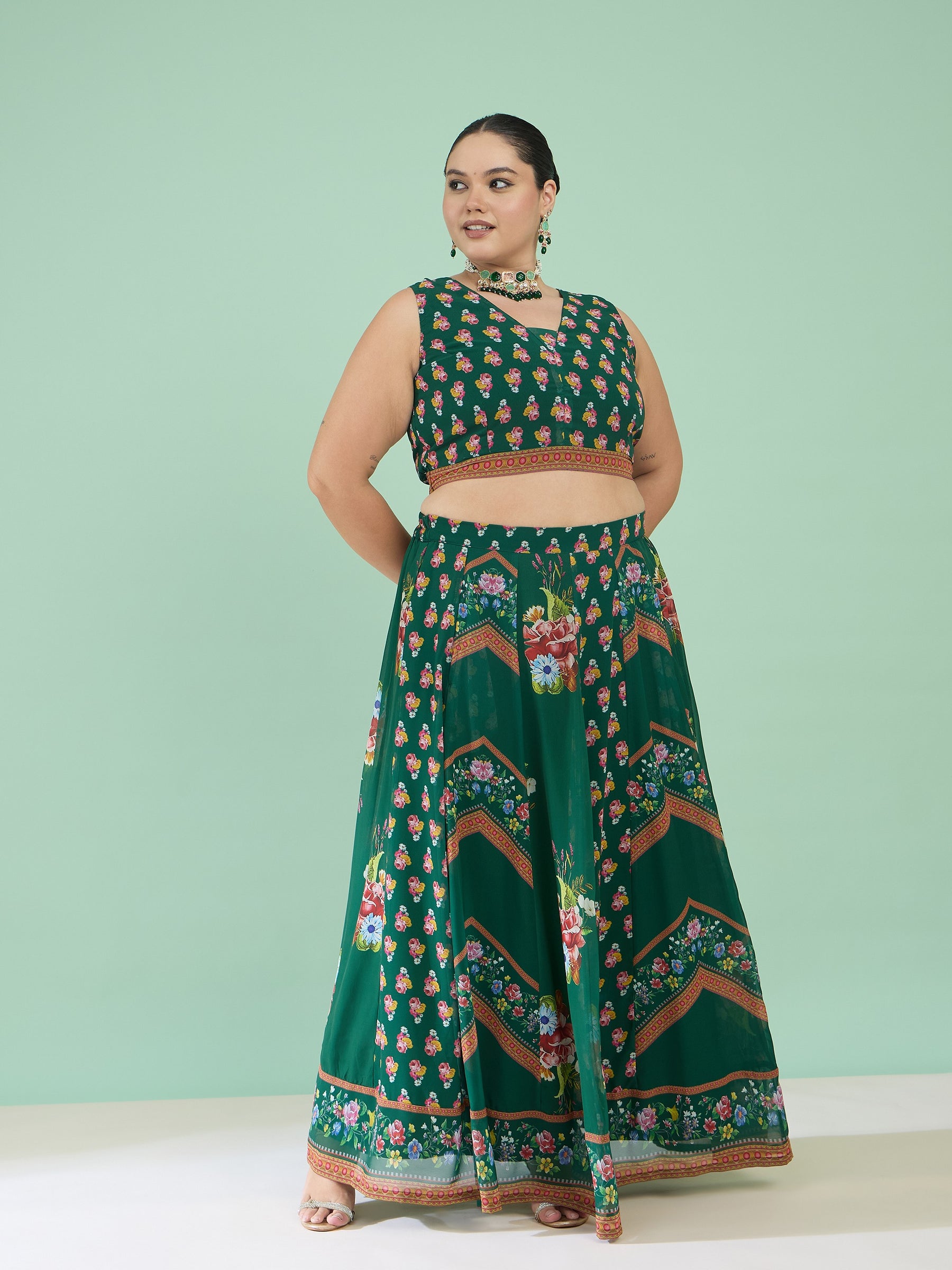 Women Green Floral Crop Top With Anarkali Skirt & Shrug