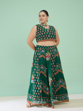 Women Green Floral Crop Top With Anarkali Skirt & Shrug