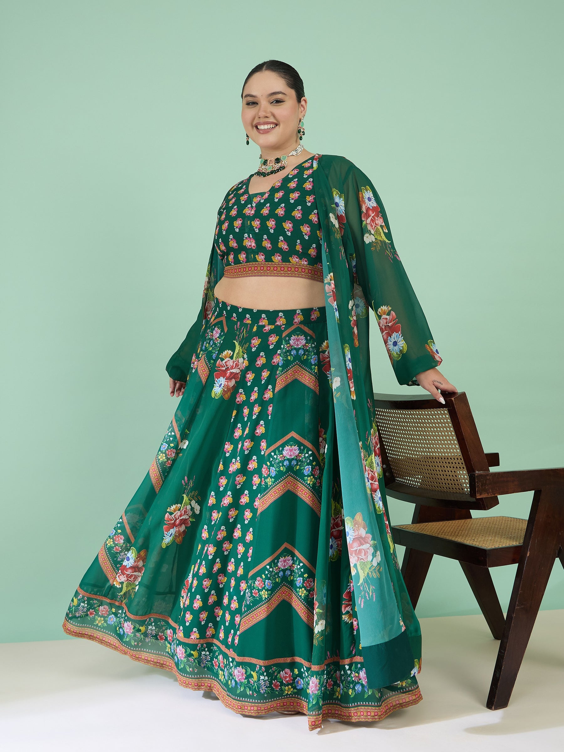 Women Green Floral Crop Top With Anarkali Skirt & Shrug