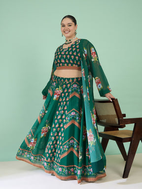 Women Green Floral Crop Top With Anarkali Skirt & Shrug