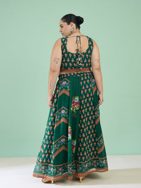 Women Green Floral Crop Top With Anarkali Skirt & Shrug