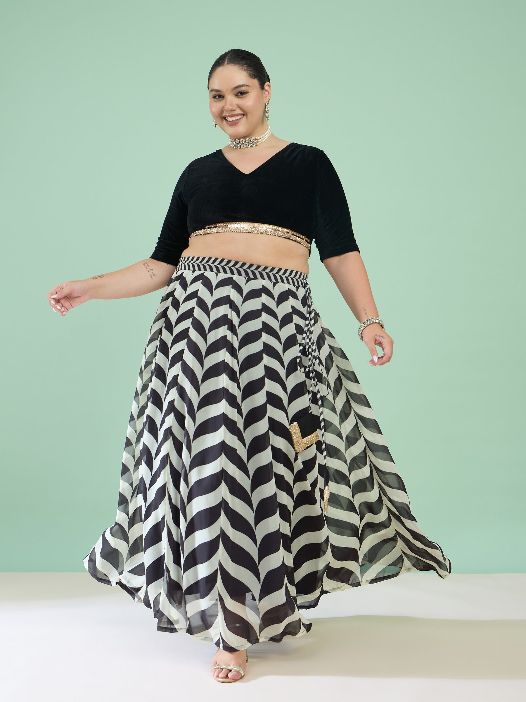 Black Velvet Round Neck Crop Top With Anarkali Skirt-Shae by SASSAFRAS