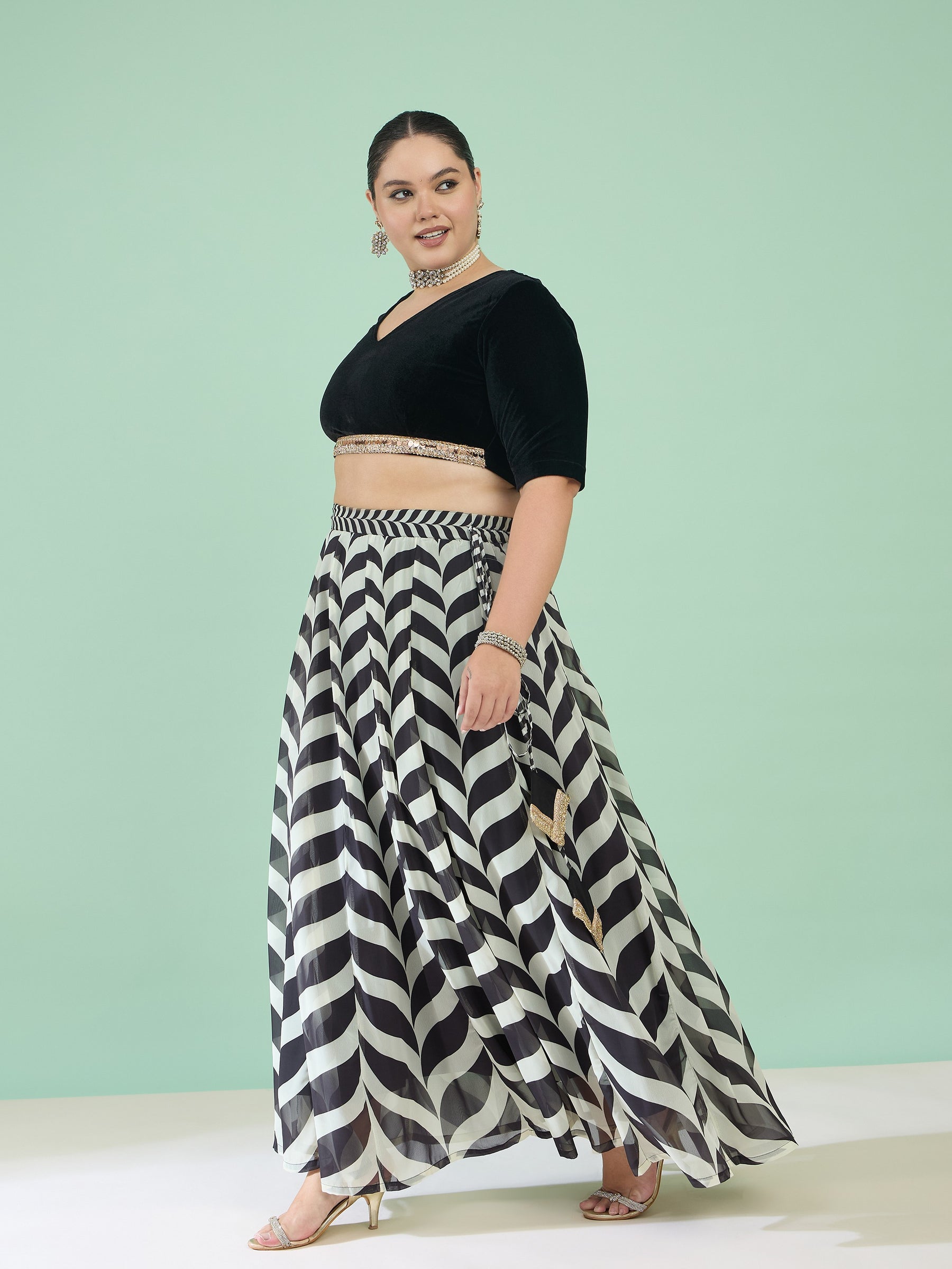 Black Velvet Round Neck Crop Top With Anarkali Skirt-Shae by SASSAFRAS