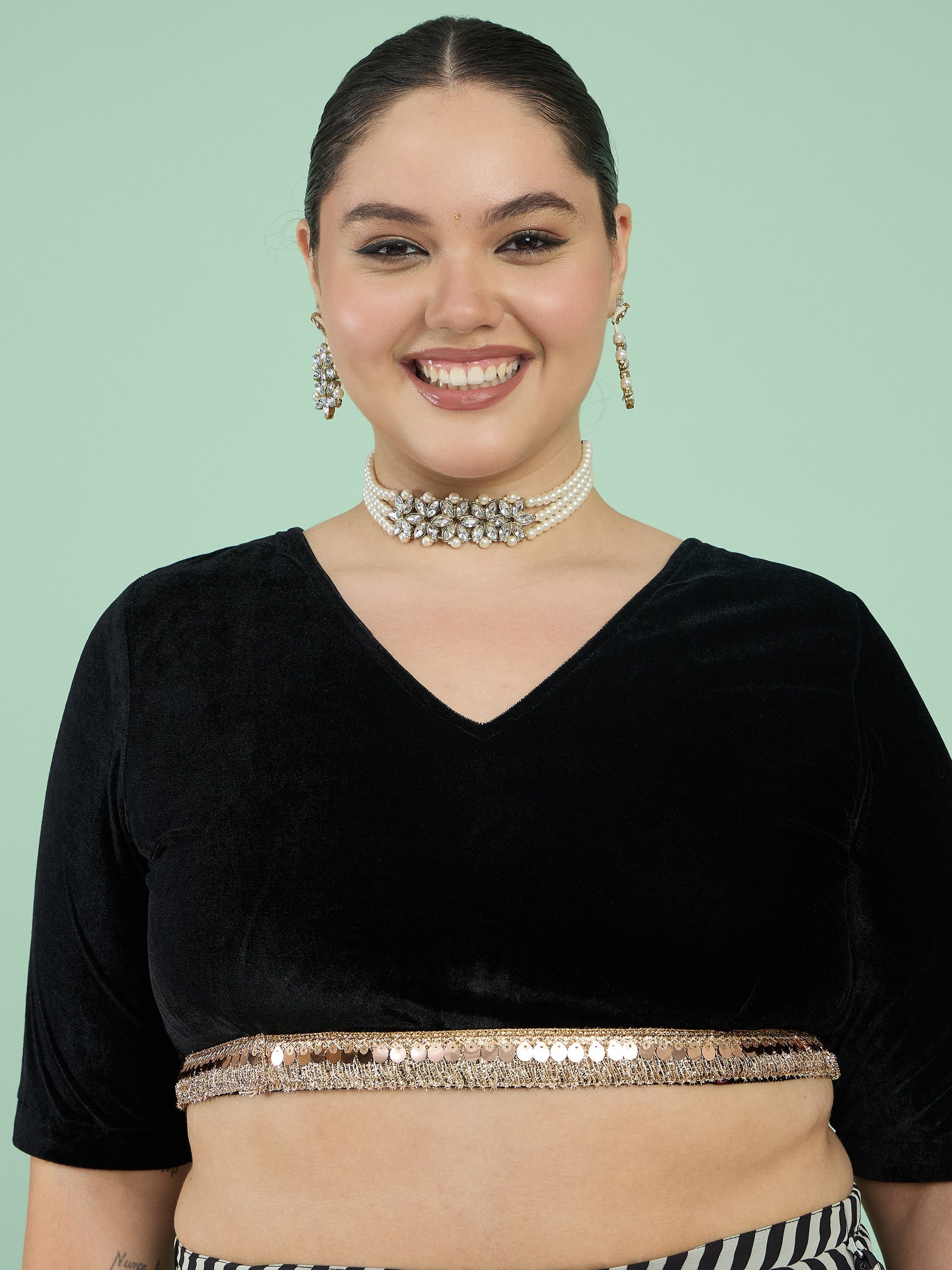 Black Velvet Round Neck Crop Top With Anarkali Skirt-Shae by SASSAFRAS