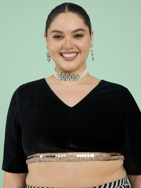 Black Velvet Round Neck Crop Top With Anarkali Skirt-Shae by SASSAFRAS