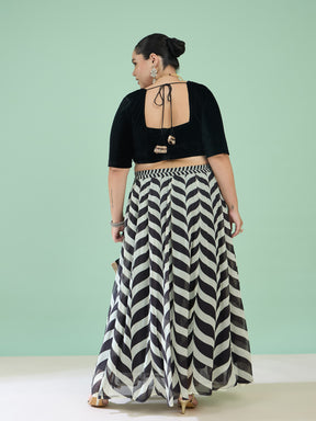 Women Black Velvet Round Neck Crop Top With Anarkali Skirt