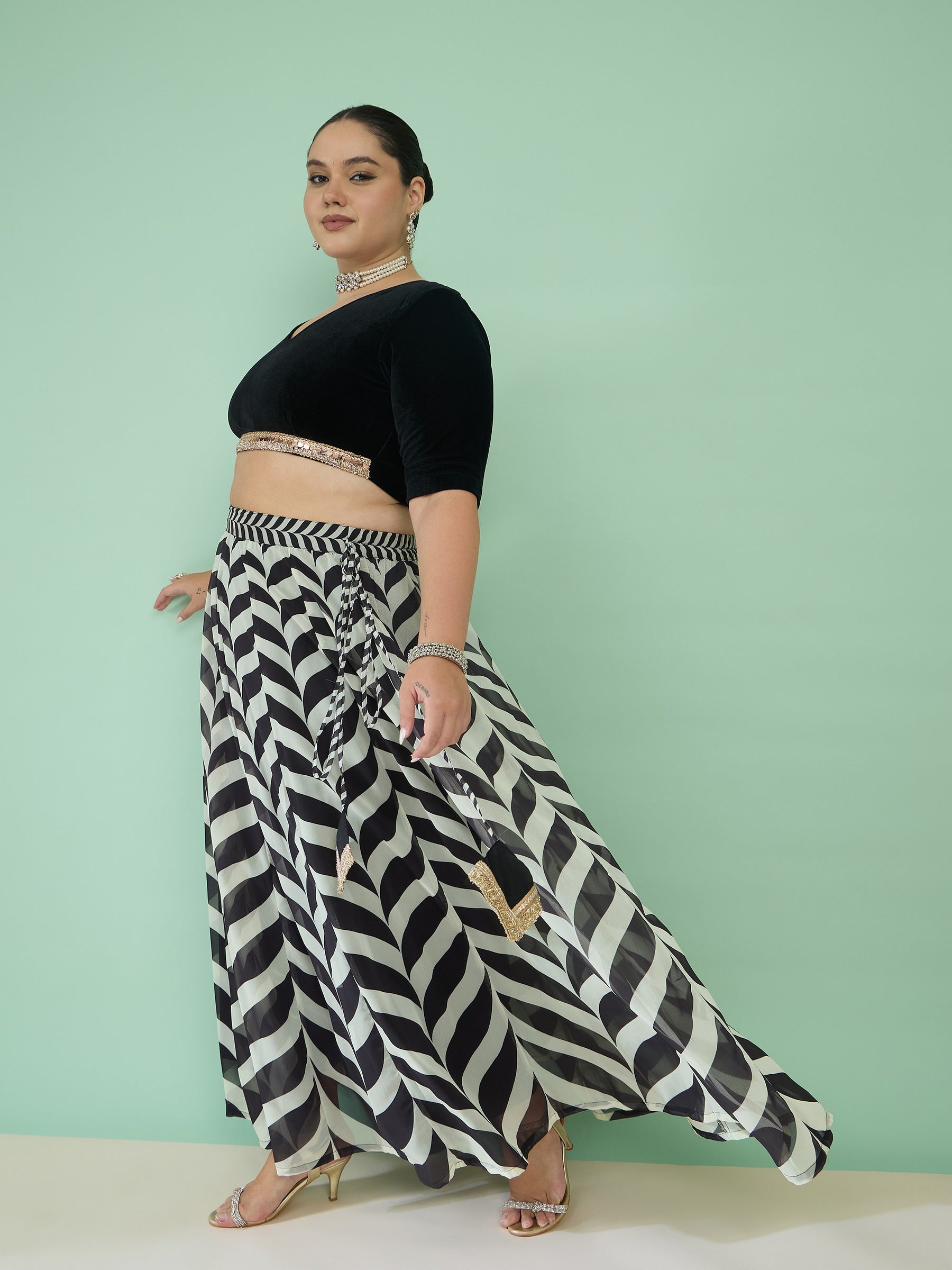 Women Black Velvet Round Neck Crop Top With Anarkali Skirt