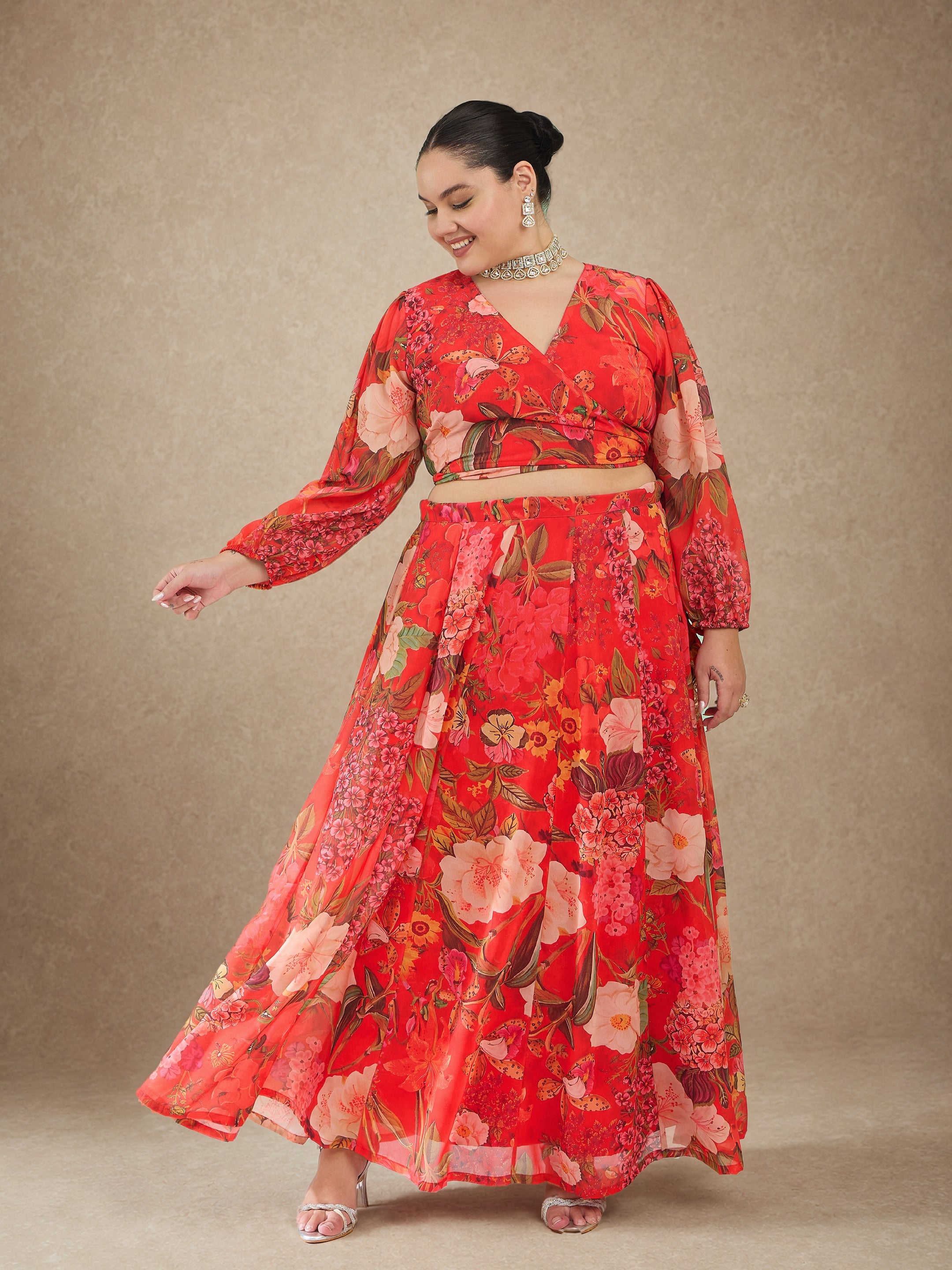Red Floral Wrap Top With Anarkali Skirt -Shae by SASSAFRAS