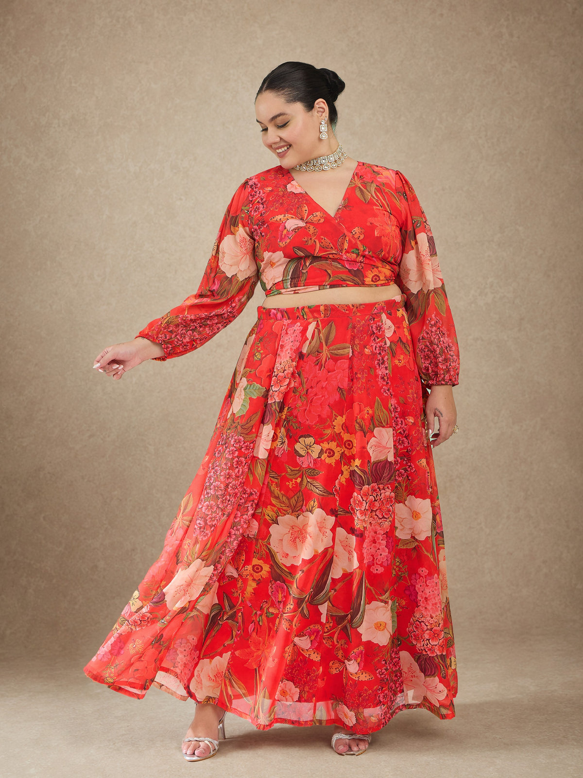 Red Floral Wrap Top With Anarkali Skirt -Shae by SASSAFRAS