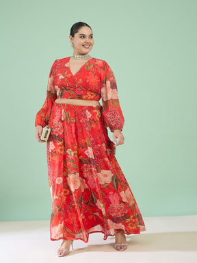 Red Floral Wrap Top With Anarkali Skirt -Shae by SASSAFRAS