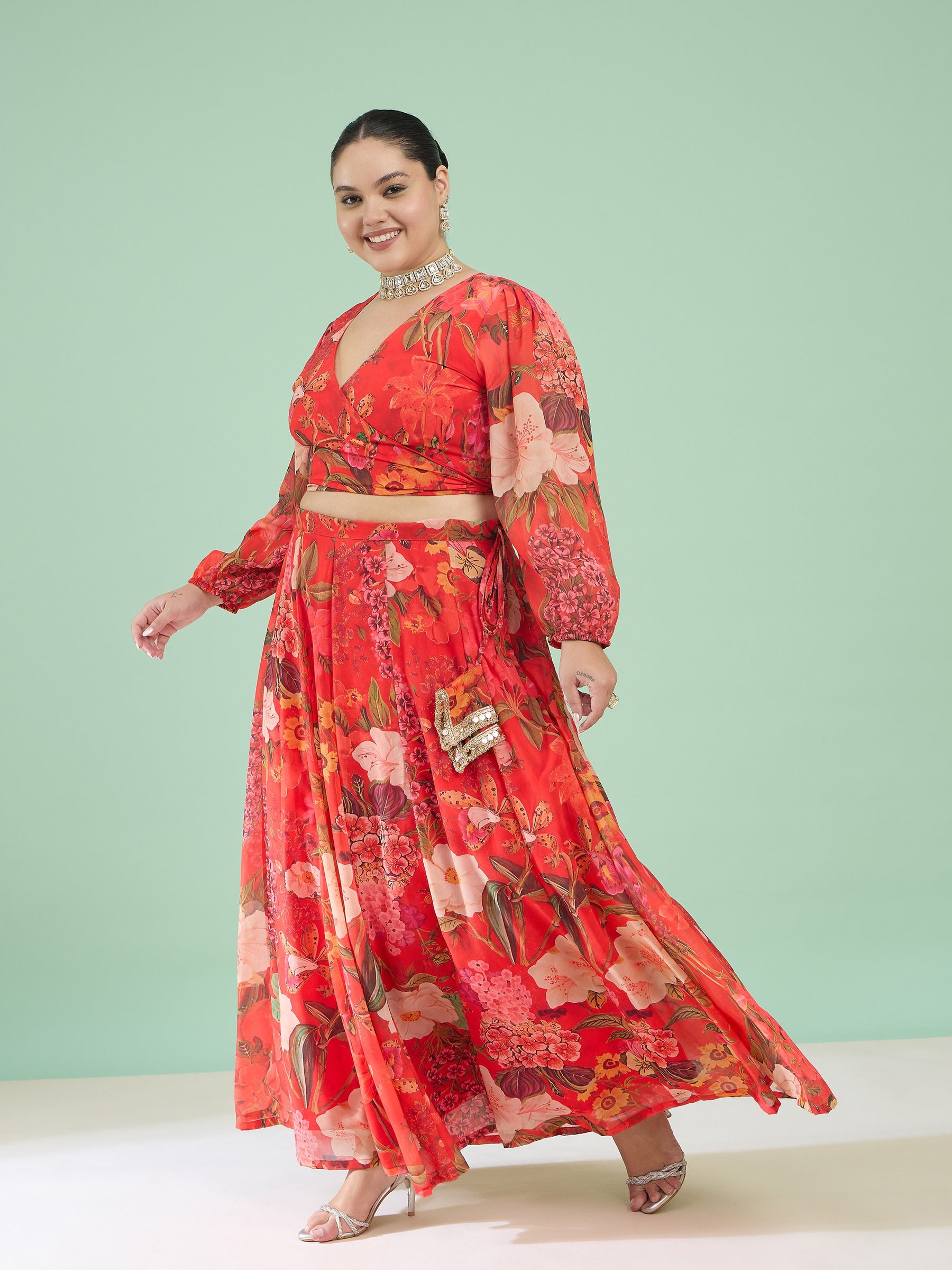 Red Floral Wrap Top With Anarkali Skirt -Shae by SASSAFRAS