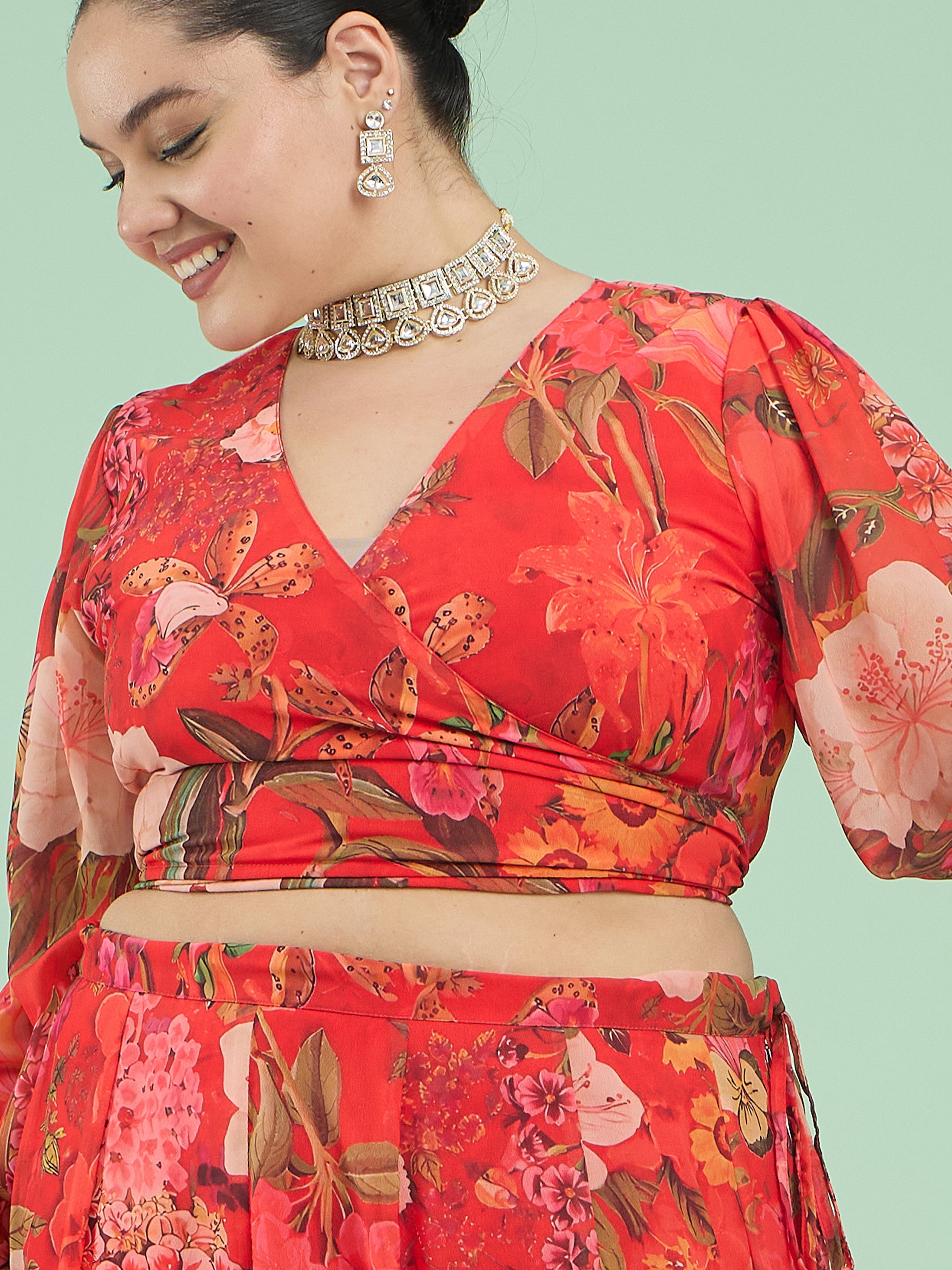 Women Red Floral Wrap Top With Anarkali Skirt