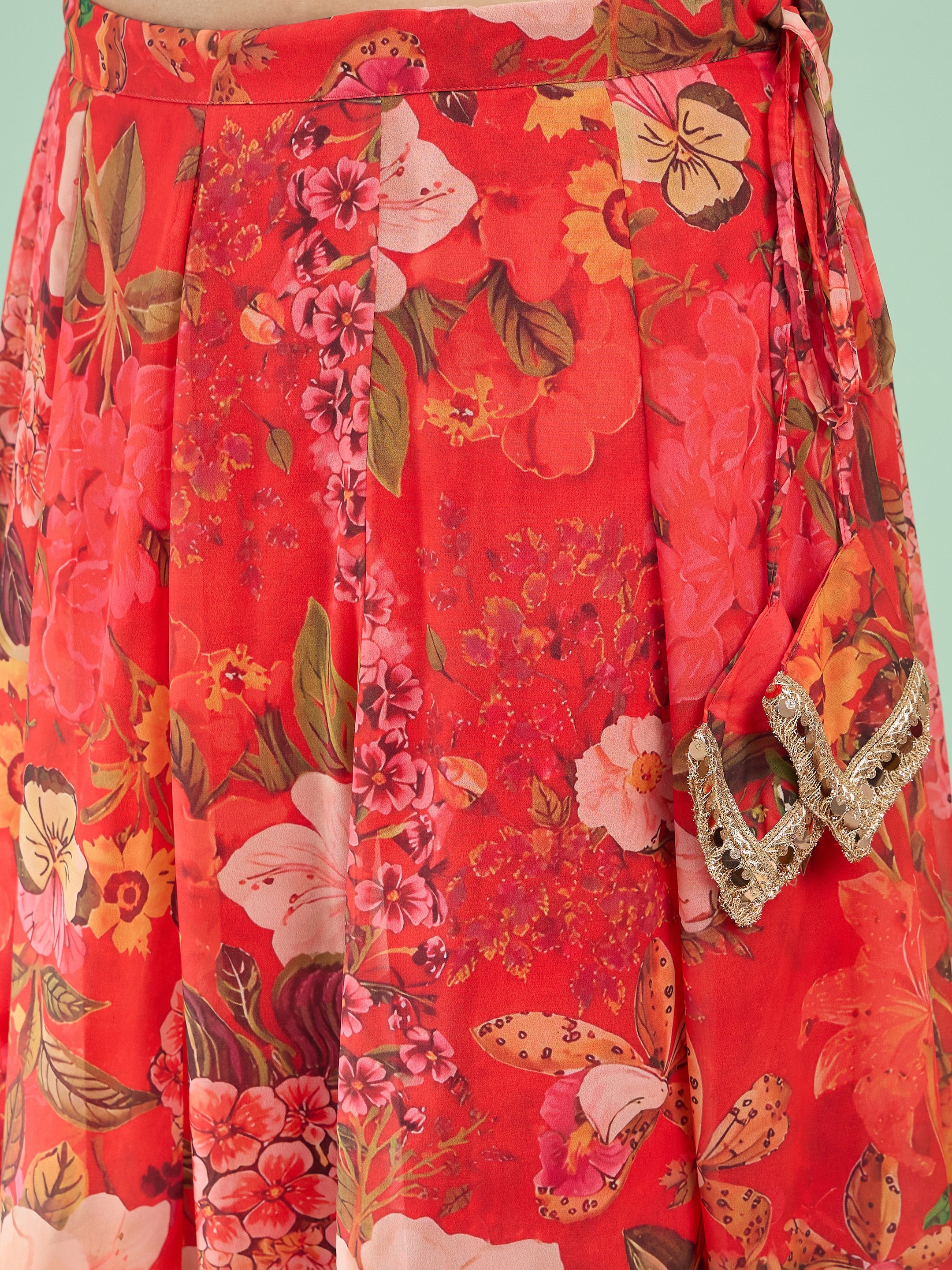 Women Red Floral Wrap Top With Anarkali Skirt