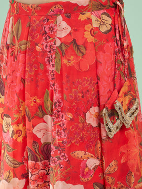 Women Red Floral Wrap Top With Anarkali Skirt