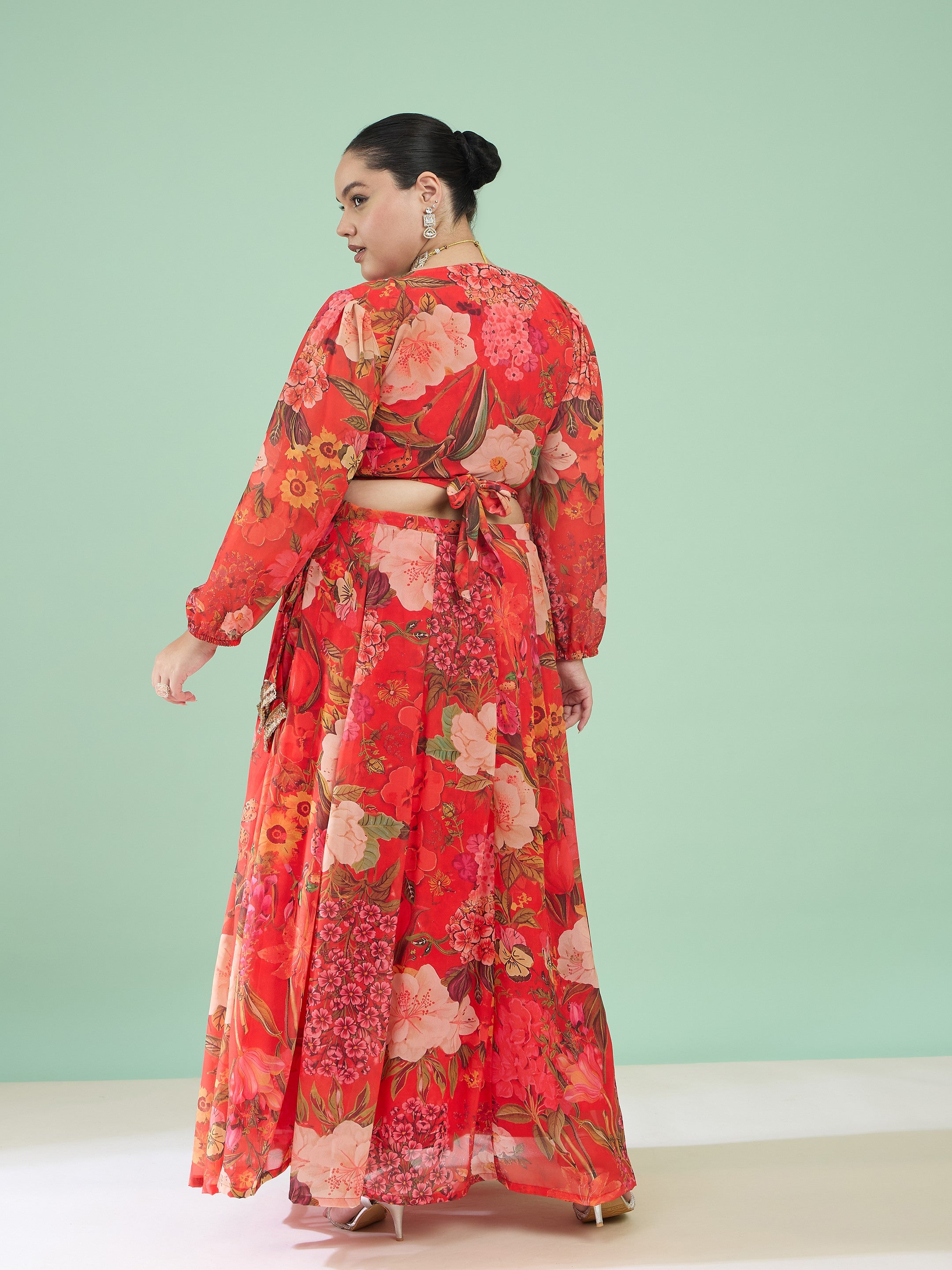 Women Red Floral Wrap Top With Anarkali Skirt