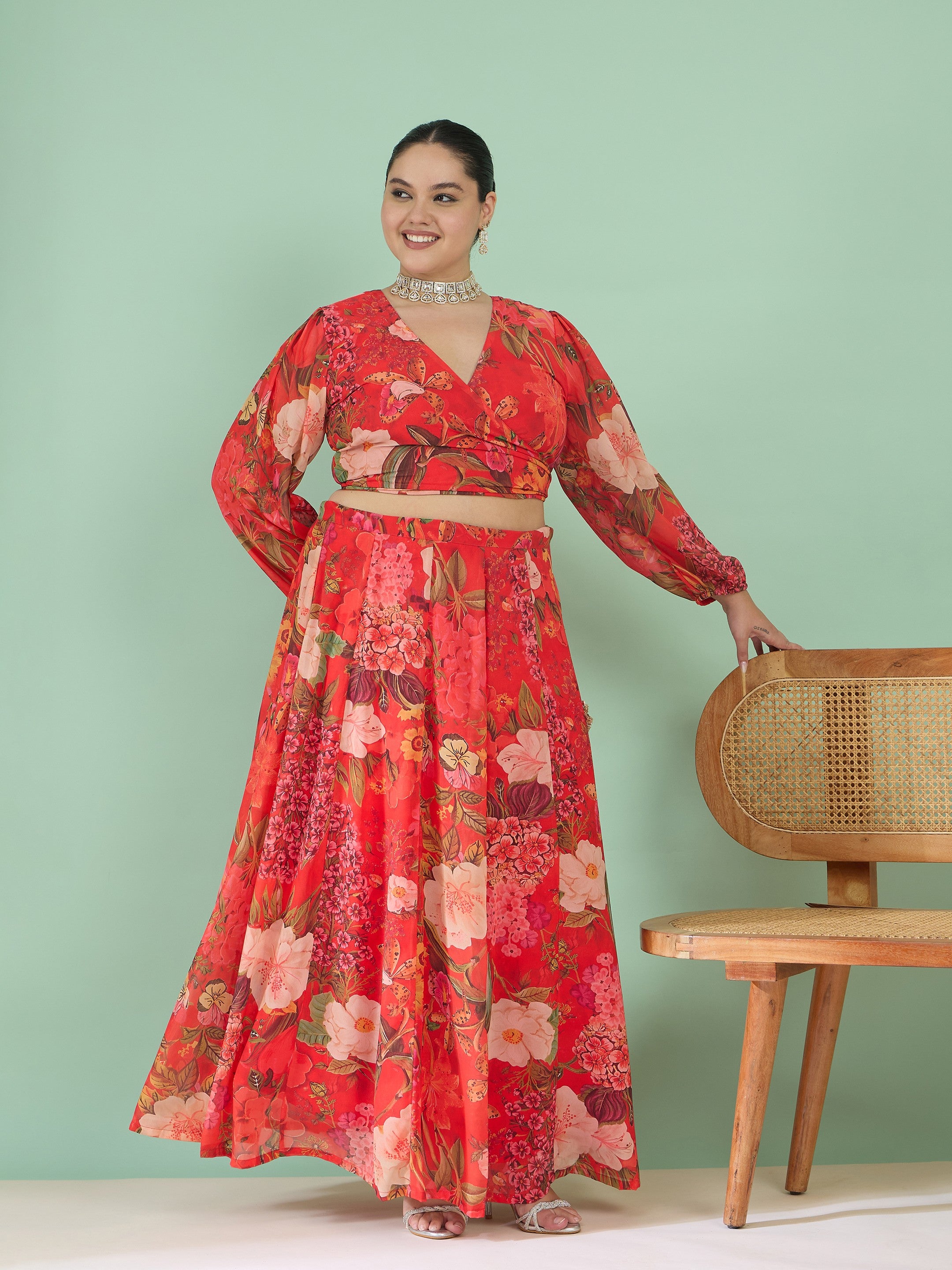 Women Red Floral Wrap Top With Anarkali Skirt