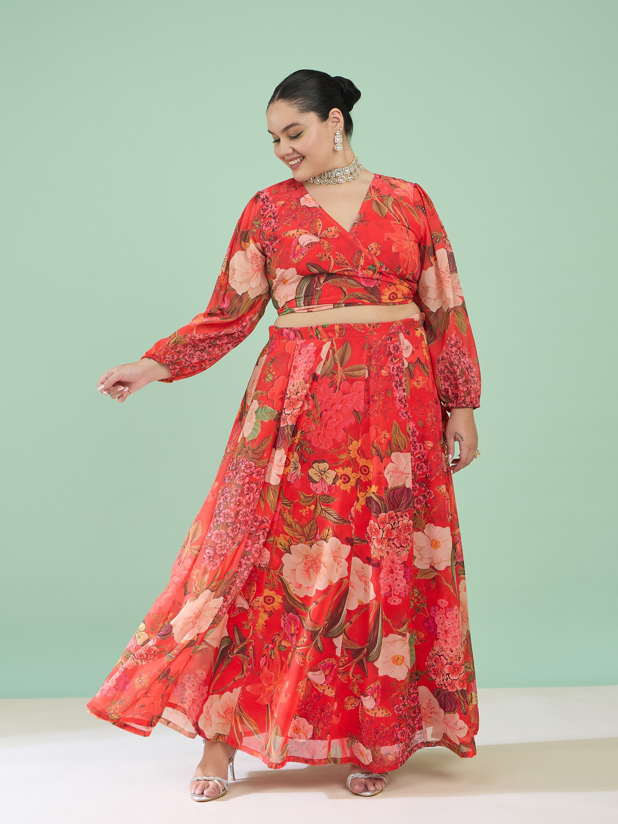 Women Red Floral Wrap Top With Anarkali Skirt