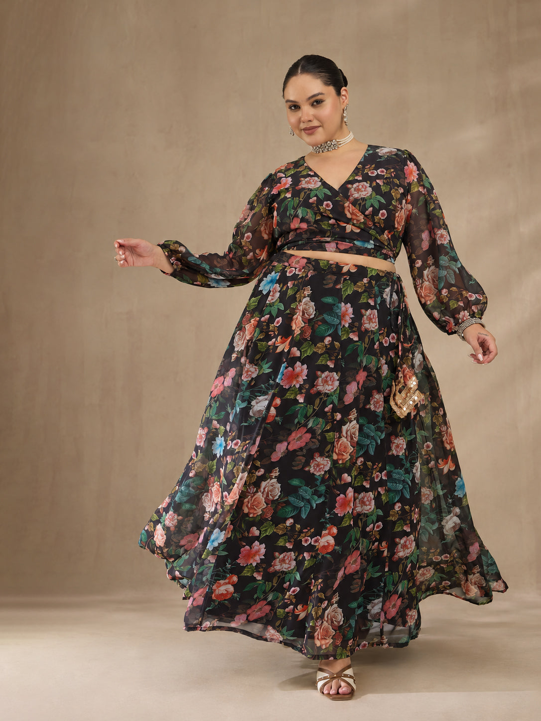 Black Floral Wrap Top With Anarkali Skirt -Shae by SASSAFRAS