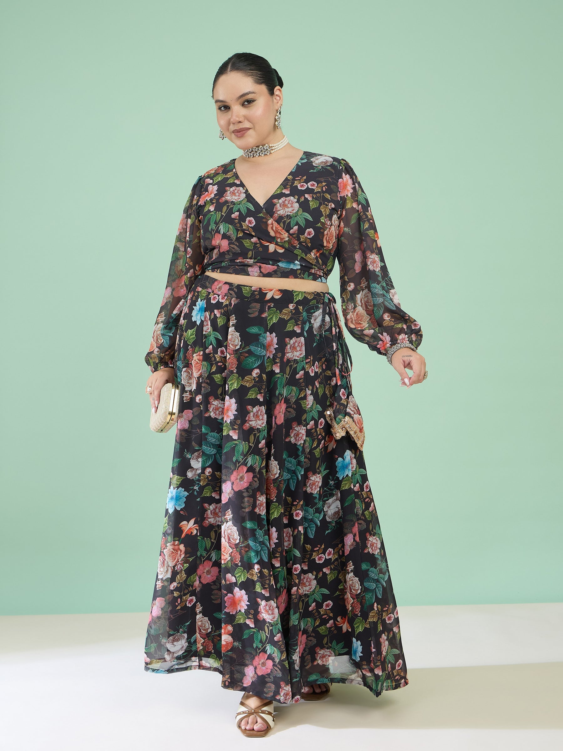 Black Floral Wrap Top With Anarkali Skirt -Shae by SASSAFRAS