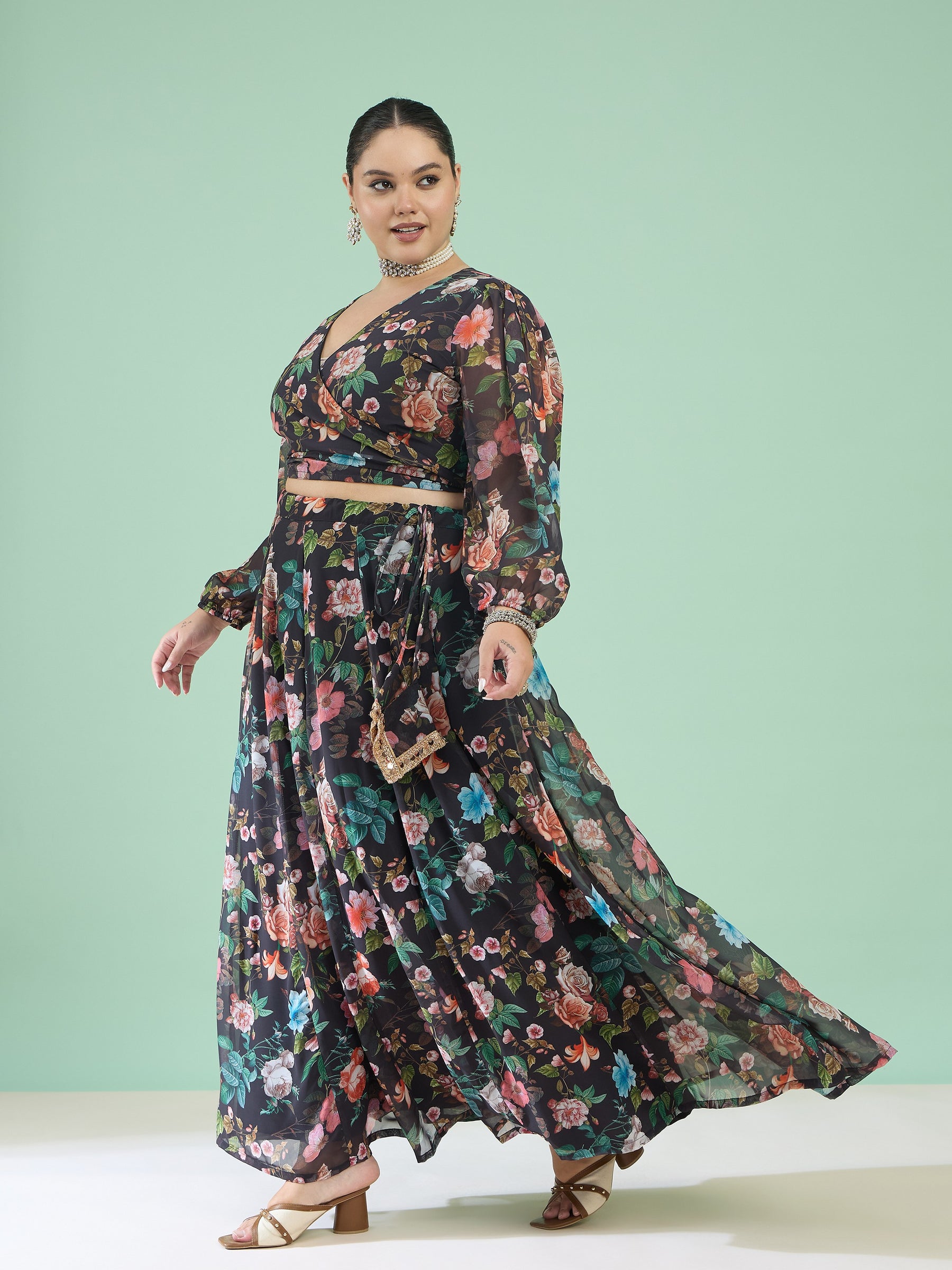Black Floral Wrap Top With Anarkali Skirt -Shae by SASSAFRAS